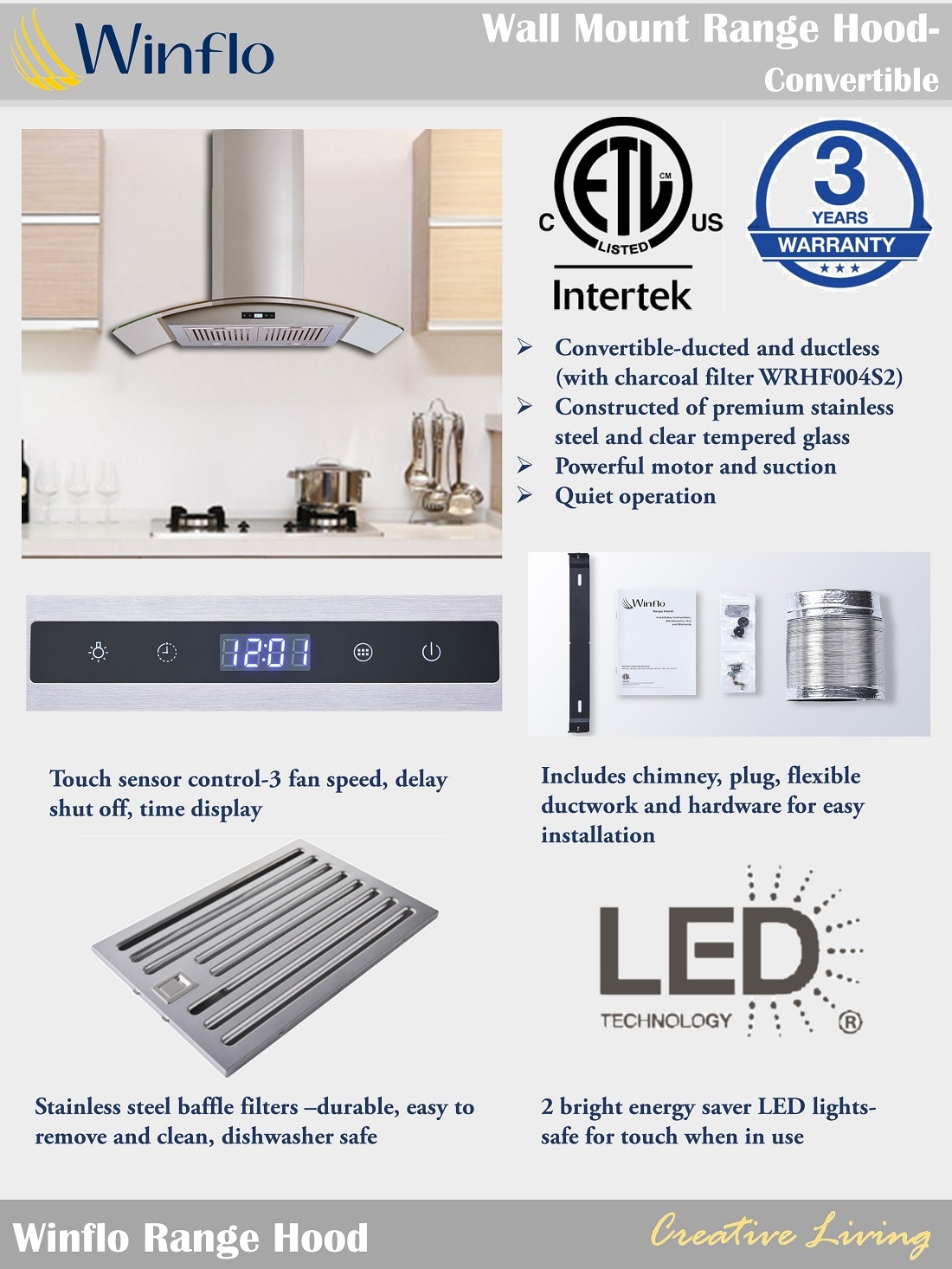 Winflo 30 in. 520 CFM Convertible Stainless Steel/Glass Wall Mount